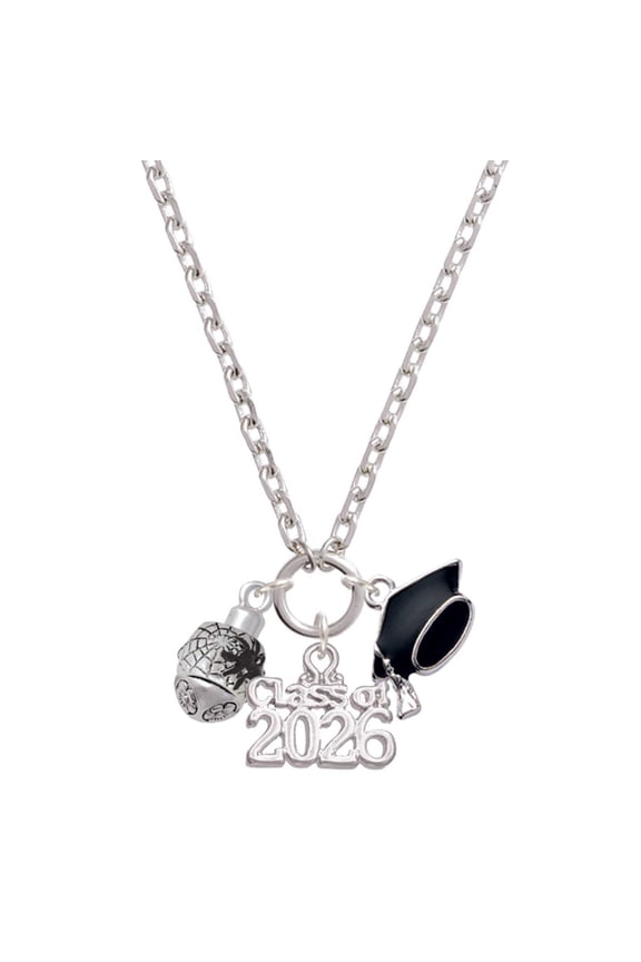 Silver-tone Black Spider on Web Spinner - Class of 2026 Graduation Zoey Charm Necklace, 28"
