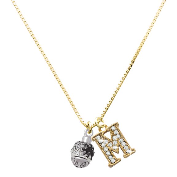Delight Jewelry Silver-tone Black Spider on Web Spinner - Large Goldtone Crystal Initial - M - Charm Necklace, 17.5"+2"