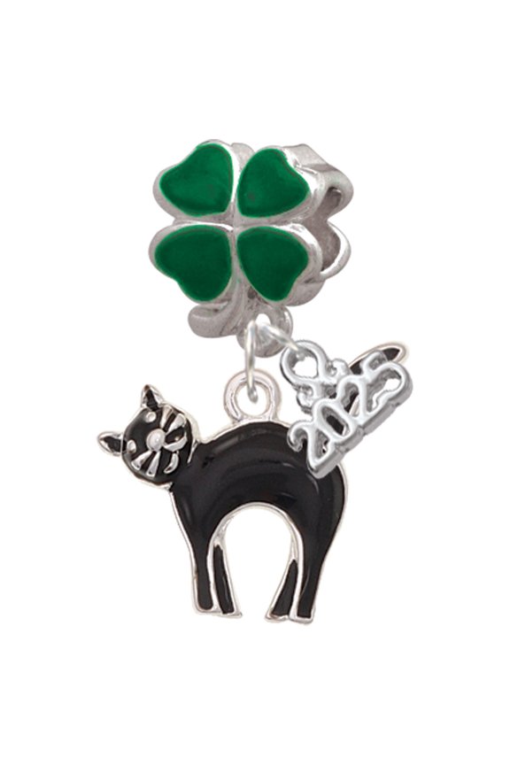 Silver-tone Black Standing Cat - Good Luck Green Four Leaf Clover Charm Bead Dangle with Mini 2025