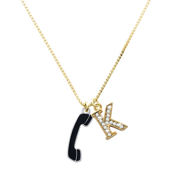 Delight Jewelry Silver-tone Black Telephone Charm and Goldtone Crystal Initial K Charm Necklace, 17.5"+2"