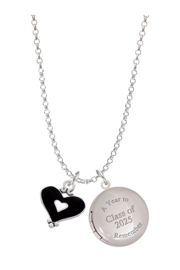 Silver-tone Black and White Enamel Heart - Class of 2025 Year to Remember Locket Charm Necklace, 19+2" Extender