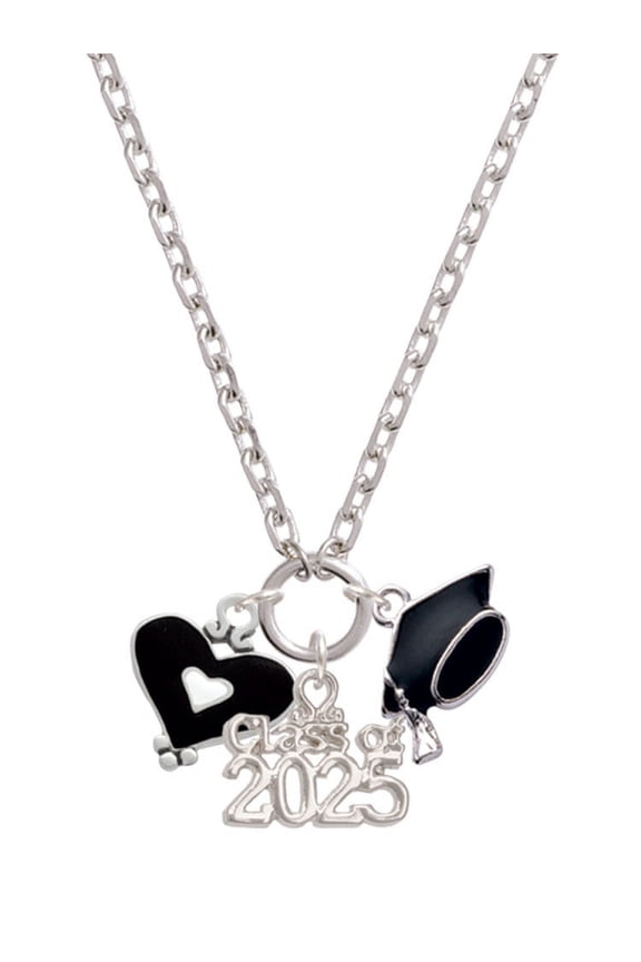 Silver-tone Black and White Enamel Heart - Silver-tone Class of 2025 Graduation Zoey Necklace, 28"