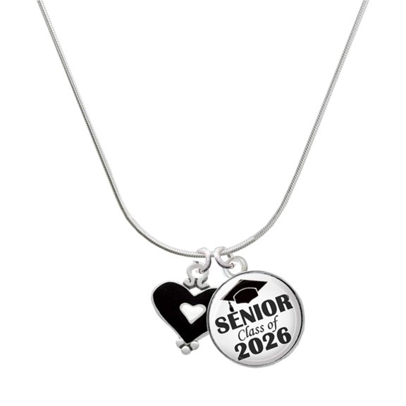 Delight Jewelry Silver-tone Black and White Enamel Heart - Silvertone Senior Class of 2026 Dome Necklace, 18"
