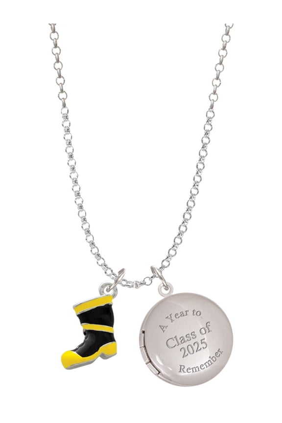 Silver-tone Black and Yellow Firefighter Boot - Class of 2025 Year to Remember Locket Charm Necklace, 19+2" Extender