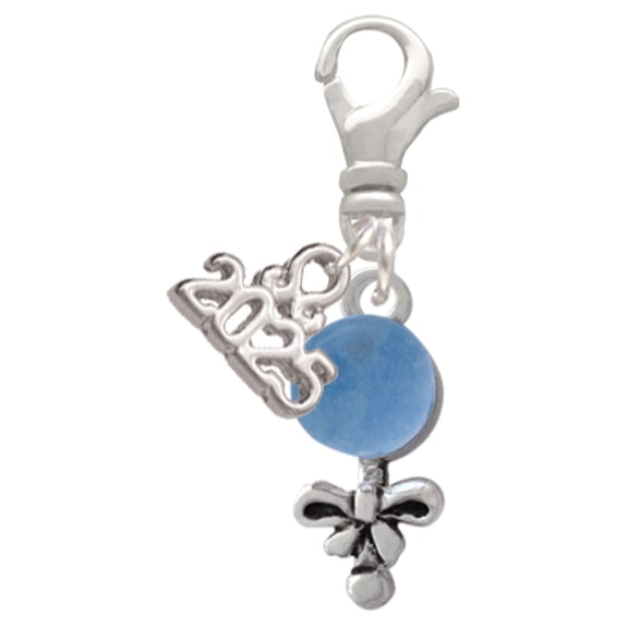 Delight Jewelry Silver-tone Blue Baby Rattle - Silver-tone Clip on Charm with Mini Year 2025