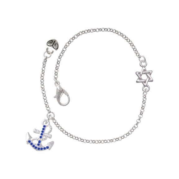 Delight Jewelry Silver-tone Blue Crystal Anchor - Silvertone Star of David Delicate Bracelet, 6.25+1.75" Extender