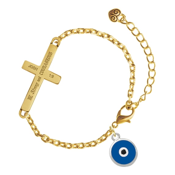 Delight Jewelry Silver-tone Blue Evil Eye Good Luck - Gold Tone Joshua 1:9 Strong and Courageous Engraved Cross Charm Bracelet, 6.5+1.5" Extender
