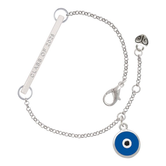Delight Jewelry Silvertone Class of 2026 Delicate Bar Bracelet, featuring Blue Evil Eye Good Luck Charm, 8.5"