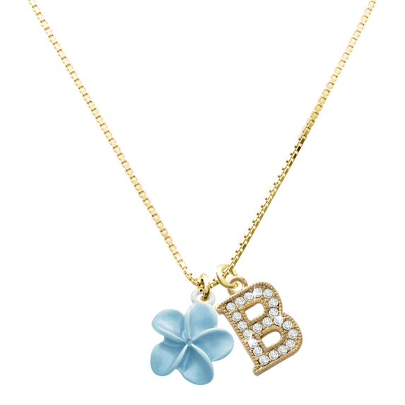 Delight Jewelry Silver-tone Blue Plumeria Flower - Large Goldtone Crystal Initial - B - Charm Necklace, 17.5"+2"