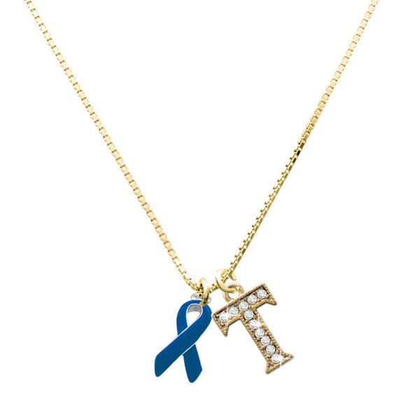 Delight Jewelry Silver-tone Blue Ribbon - Large Goldtone Crystal Initial - T - Charm Necklace, 17.5"+2"