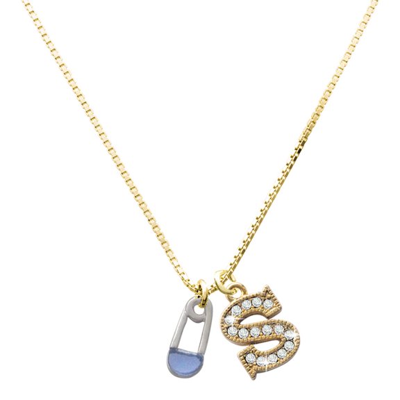 Delight Jewelry Silver-tone Blue Safety Pin - Large Goldtone Crystal Initial - S - Charm Necklace, 17.5"+2"