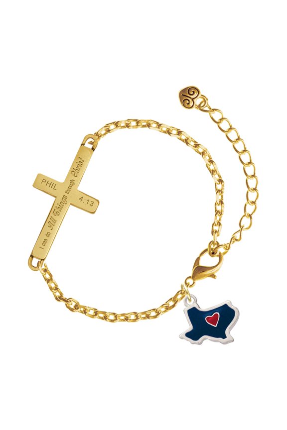 Silver-tone Blue Texas with Red Heart - Gold Tone Philipians 4:13 I Do All Things Through Christ Engraved Cross Charm Bracelet, 6.5+1.5" Extender