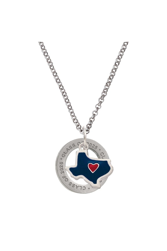 Silver-tone Blue Texas with Red Heart - Class of 2026 Affirmation Ring Necklace, 23"