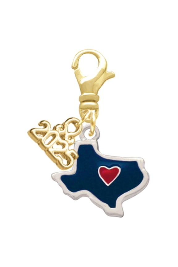 Silver-tone Blue Texas with Red Heart - Gold-tone Clip on Charm with Mini Year 2025