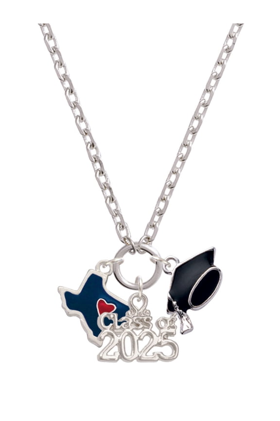 Silver-tone Blue Texas with Red Heart - Silver-tone Class of 2025 Graduation Zoey Necklace, 28"