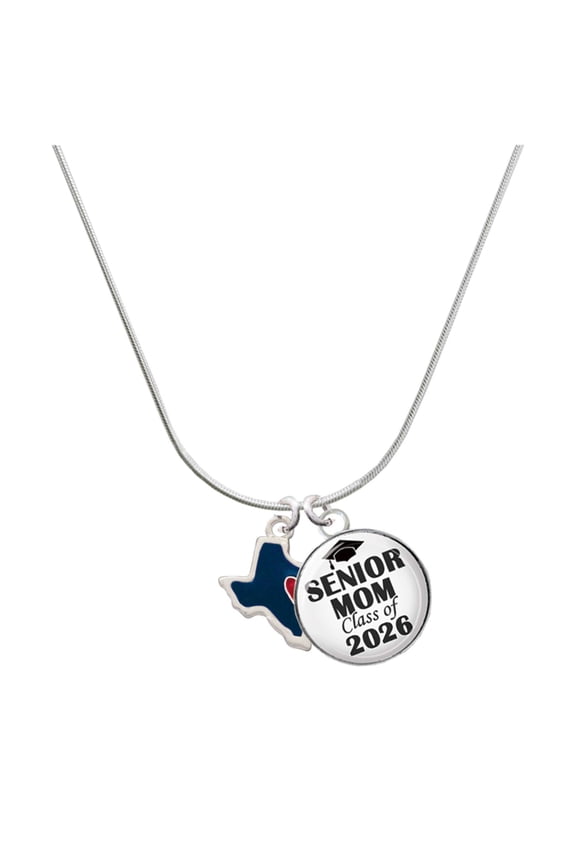 Silver-tone Blue Texas with Red Heart - Silvertone Senior Mom Class of 2026 Dome Necklace, 18"