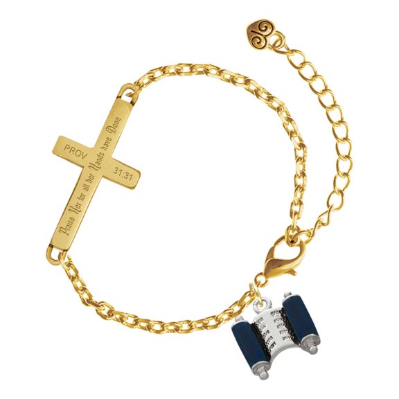 Delight Jewelry Silver-tone Blue Torah Scroll - Gold Tone Proverbs 31:31 Praise Her for all Her Hands have Done Engraved Cross Charm Bracelet, 6.5+1.5" Extender