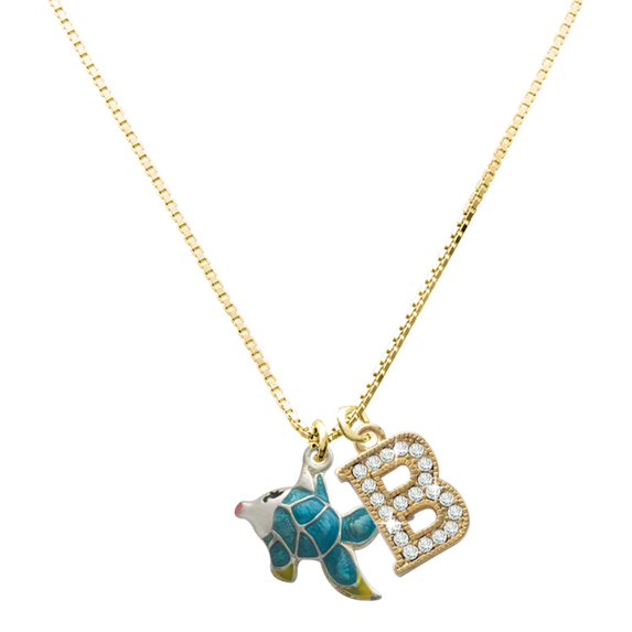 Delight Jewelry Silver-tone Blue Tropical Fish with Yellow Fins - Large Goldtone Crystal Initial - B - Charm Necklace, 17.5"+2"