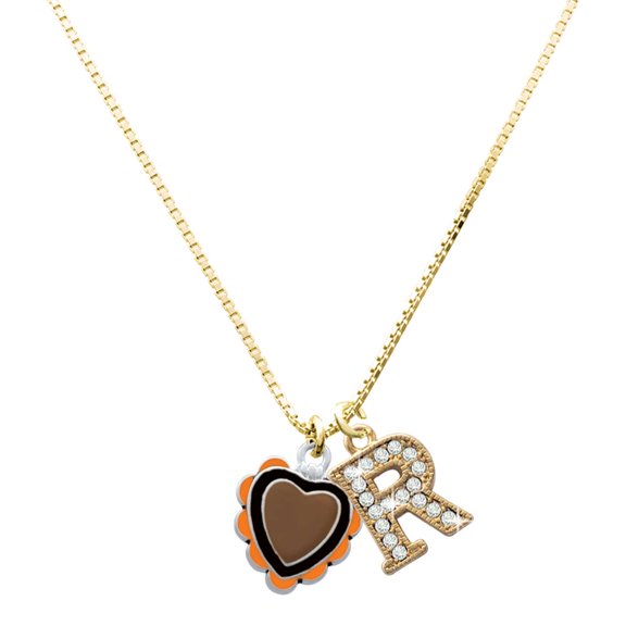 Delight Jewelry Silver-tone Brown & Black Heart with Orange Ruffles - Large Goldtone Crystal Initial - R - Charm Necklace, 17.5"+2"