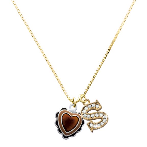 Delight Jewelry Silver-tone Brown Ruffle Heart - Large Goldtone Crystal Initial - S - Charm Necklace, 17.5"+2"