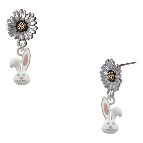 Delight Jewelry Silver-tone Bunny Face - Two-tone Daisy Flower Post Earrings