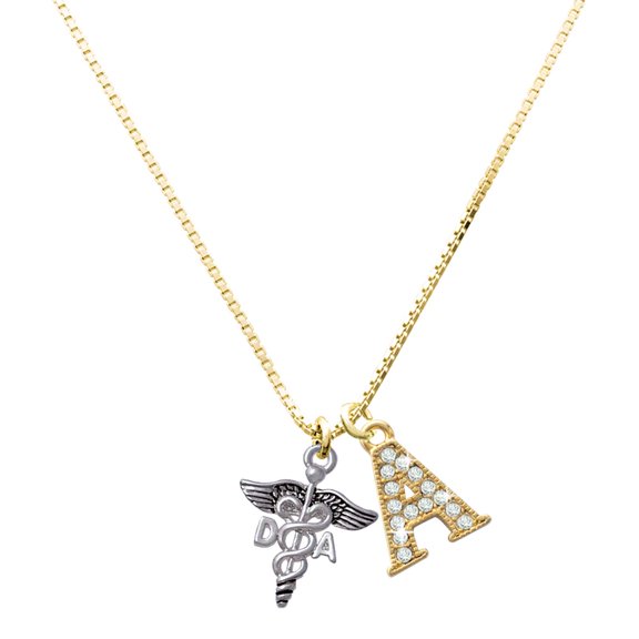 Delight Jewelry Silver-tone Caduceus - DA - Large Goldtone Crystal Initial - A - Charm Necklace, 17.5"+2"