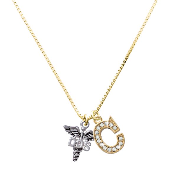 Delight Jewelry Silver-tone Caduceus - DDS - Large Goldtone Crystal Initial - C - Charm Necklace, 17.5"+2"