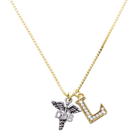 Delight Jewelry Silver-tone Caduceus - DDS - Large Goldtone Crystal Initial - L - Charm Necklace, 17.5"+2"