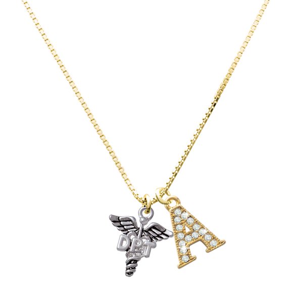 Delight Jewelry Silver-tone Caduceus - DPT - Large Goldtone Crystal Initial - A - Charm Necklace, 17.5"+2"