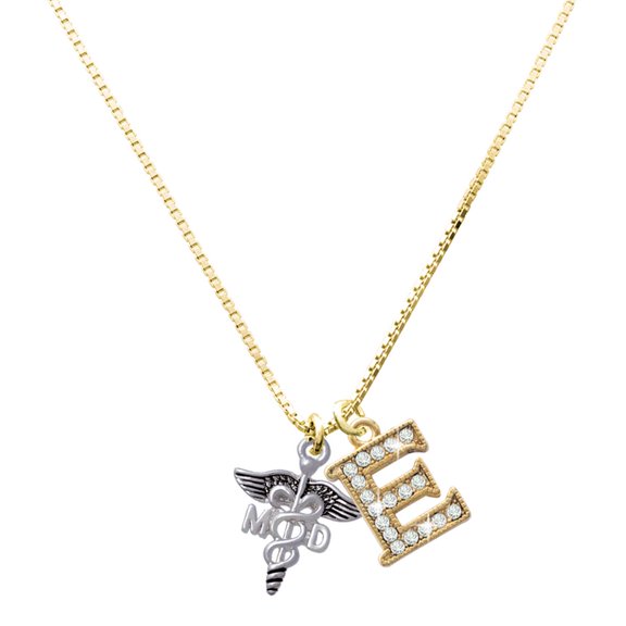 Delight Jewelry Silver-tone Caduceus - MD - Large Goldtone Crystal Initial - E - Charm Necklace, 17.5"+2"