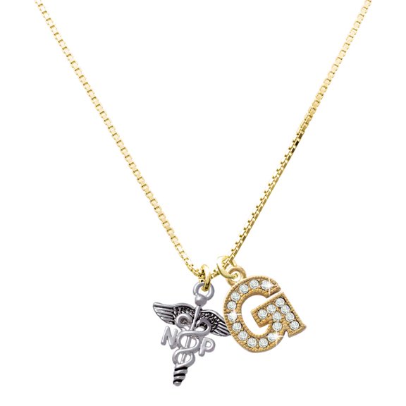 Delight Jewelry Silver-tone Caduceus - NP - Large Goldtone Crystal Initial - G - Charm Necklace, 17.5"+2"