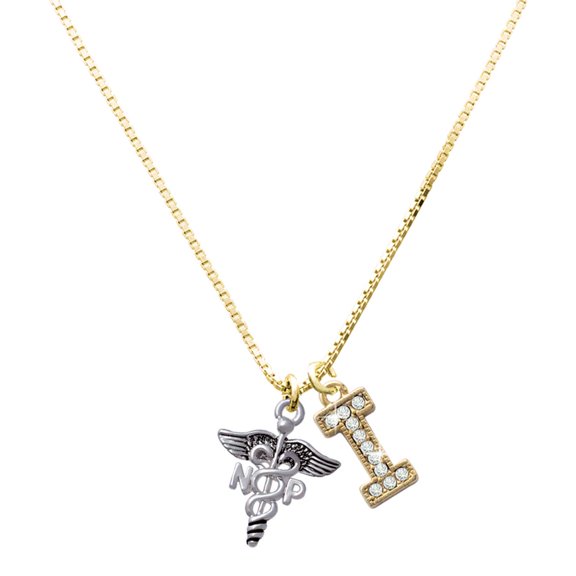 Delight Jewelry Silver-tone Caduceus - NP - Large Goldtone Crystal Initial - I - Charm Necklace, 17.5"+2"