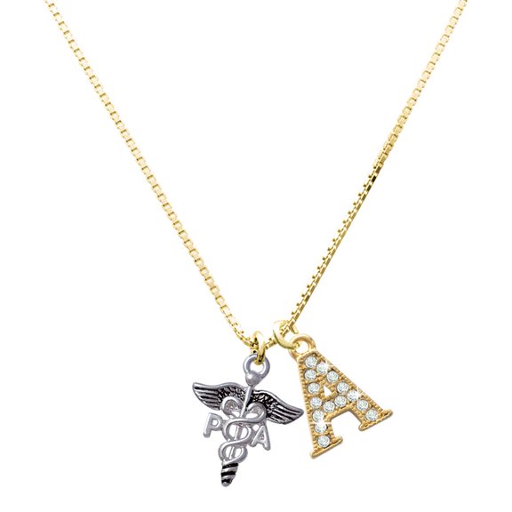 Delight Jewelry Silver-tone Caduceus - PA - Large Goldtone Crystal Initial - A - Charm Necklace, 17.5"+2"