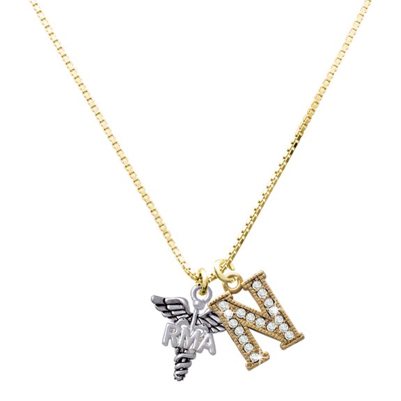 Delight Jewelry Silver-tone Caduceus - RMA - Large Goldtone Crystal Initial - N - Charm Necklace, 17.5"+2"