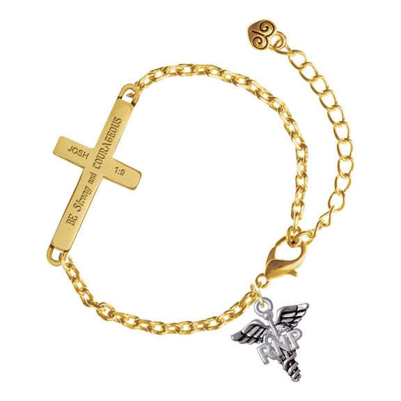 Delight Jewelry Silver-tone Caduceus - RNP - Gold Tone Joshua 1:9 Strong and Courageous Engraved Cross Charm Bracelet, 6.5+1.5" Extender