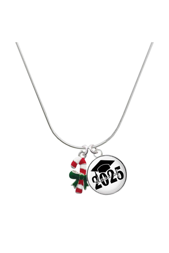 Silver-tone Candy Cane with Green Bow - Script Class of 2025 Dome Charm Necklace, 18"