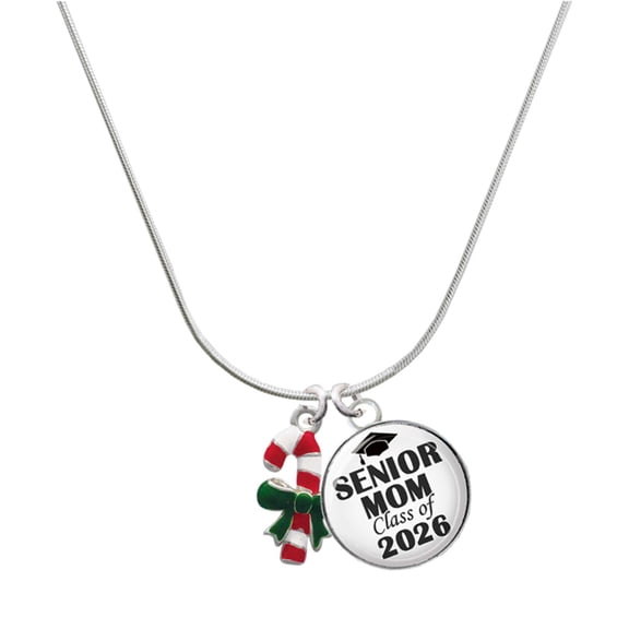 Delight Jewelry Silver-tone Candy Cane with Green Bow - Silvertone Senior Mom Class of 2026 Dome Necklace, 18"