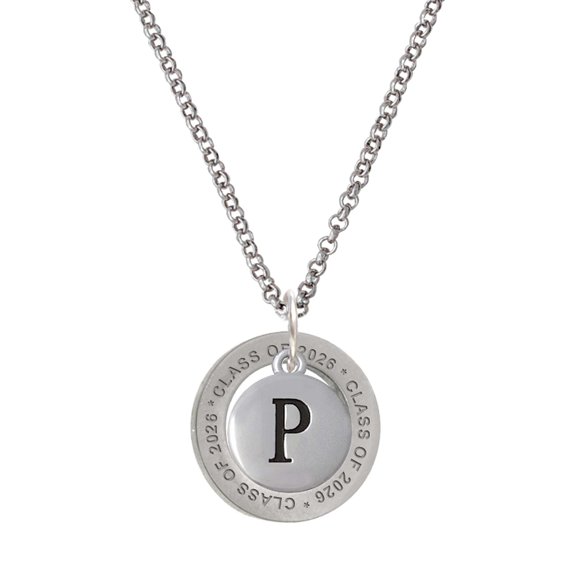 Delight Jewelry Silver-tone Capital Letter - P - Pebble Disc - Class of 2026 Affirmation Ring Necklace, 23"