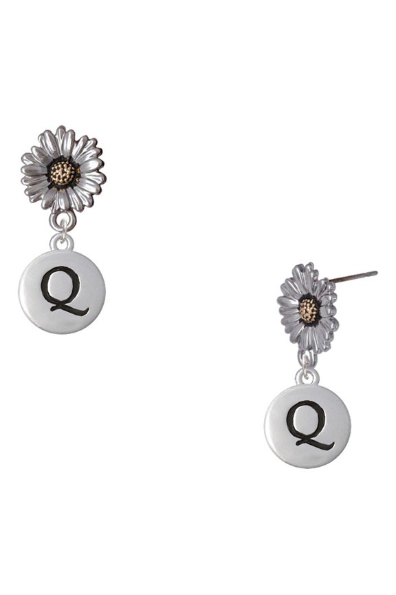 Silver-tone Capital Letter - Q - Pebble Disc - Two-tone Daisy Flower Post Earrings