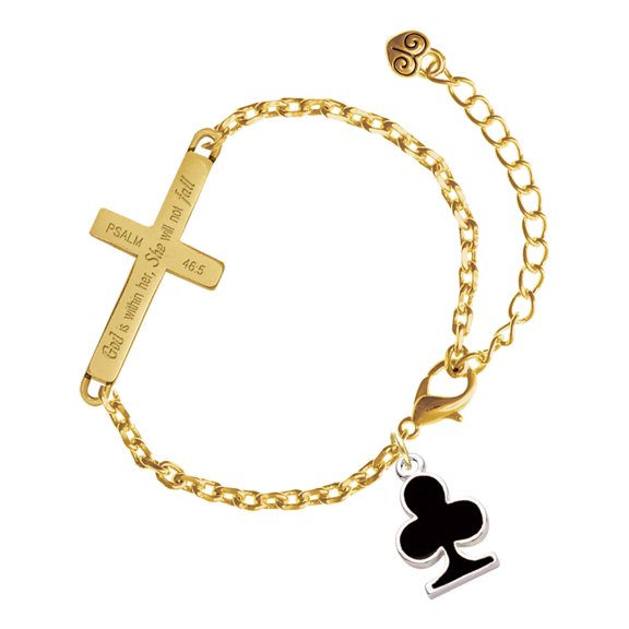 Delight Jewelry Silver-tone Card Suit - Black Club - Gold Tone Psalm 46:5 She will not fall Engraved Cross Charm Bracelet, 6.5+1.5" Extender
