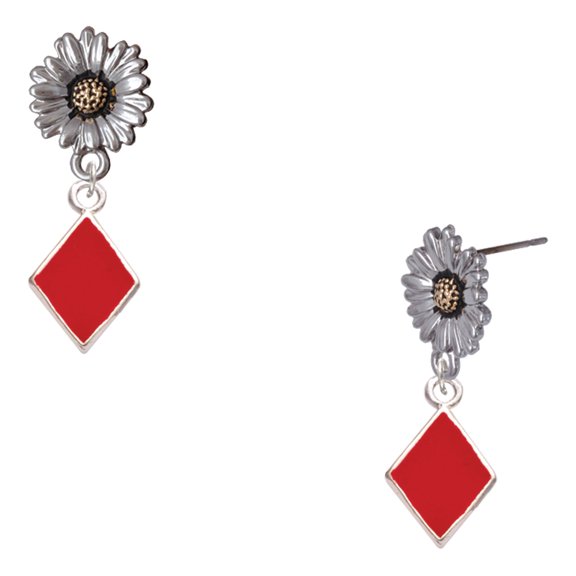 Delight Jewelry Silver-tone Card Suit - Red Diamond - Two-tone Daisy Flower Post Earrings