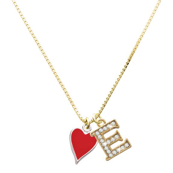 Delight Jewelry Silver-tone Card Suit - Red Heart - Large Goldtone Crystal Initial - E - Charm Necklace, 17.5"+2"