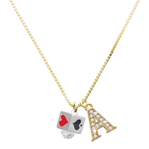 Delight Jewelry Silver-tone Card Suits Square Spinner - Large Goldtone Crystal Initial - A - Charm Necklace, 17.5"+2"