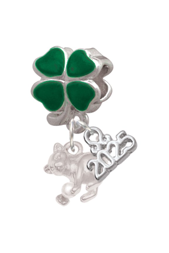 Silver-tone Cat with Yarn - Good Luck Green Four Leaf Clover Charm Bead Dangle with Mini 2025
