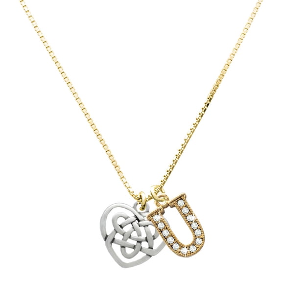 Delight Jewelry Silver-tone Celtic Knot Heart - Large Goldtone Crystal Initial - U - Charm Necklace, 17.5"+2"
