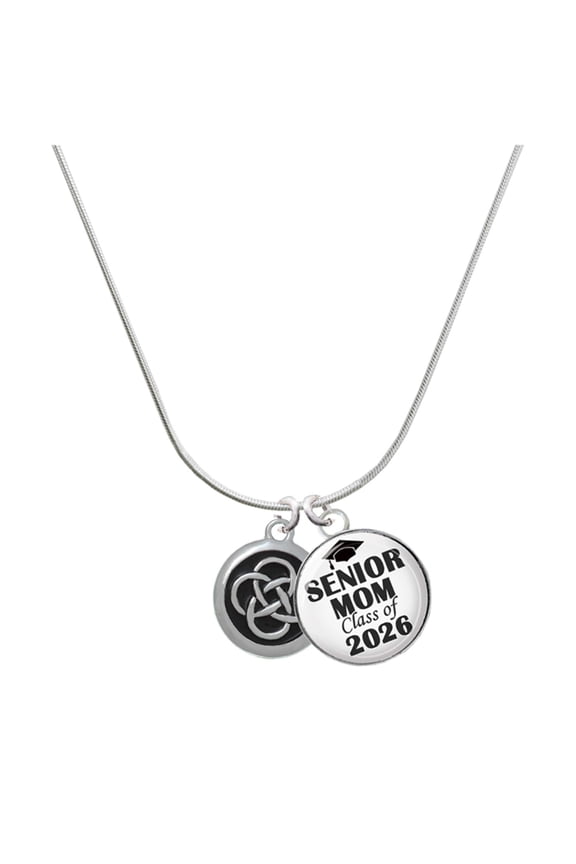Silver-tone Celtic Knot in Black Circle - Silvertone Senior Mom Class of 2026 Dome Necklace, 18"