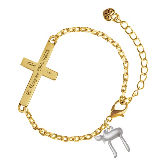Delight Jewelry Silver-tone Chai - Gold Tone Joshua 1:9 Strong and Courageous Engraved Cross Charm Bracelet, 6.5+1.5" Extender