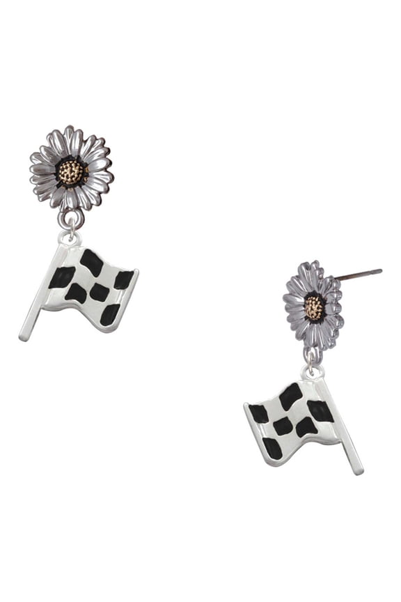 Silver-tone Checkered Race Flag - Two-tone Daisy Flower Post Earrings