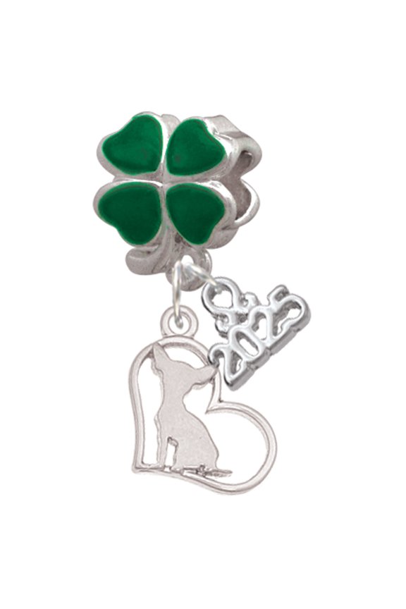 Silver-tone Chihuahua Silhouette Heart - Good Luck Green Four Leaf Clover Charm Bead Dangle with Mini 2025