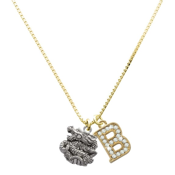 Delight Jewelry Silver-tone Chinese Dragon - Large Goldtone Crystal Initial - B - Charm Necklace, 17.5"+2"